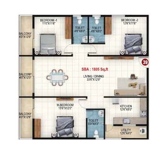 Floor plan of 3 BHK 1805 Sq. Ft. Apartment in DC Capitol, Bangalore