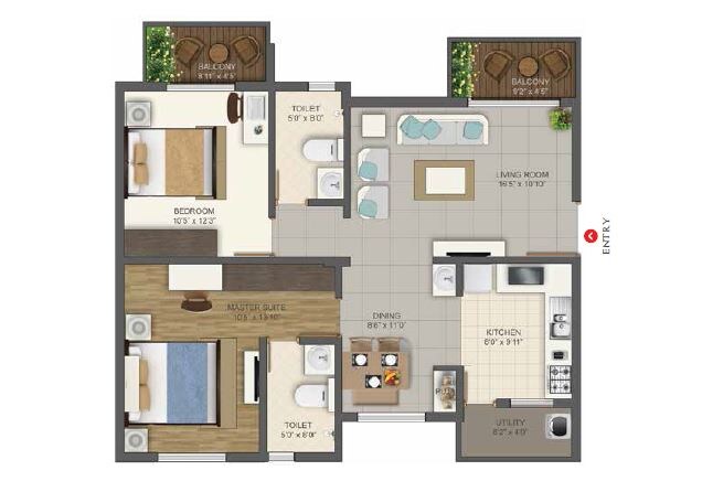 Floor plan of 2 BHK 1175 Sq. Ft. Apartment in Deccan Habitat, Bangalore