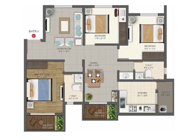 Floor plan of 3 BHK 1475 Sq. Ft. Apartment in Deccan Habitat, Bangalore