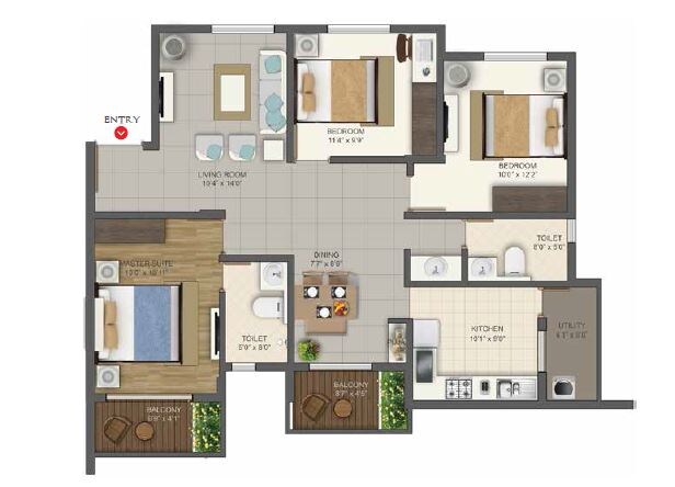 Floor plan of 3 BHK 1500 Sq. Ft. Apartment in Deccan Habitat, Bangalore