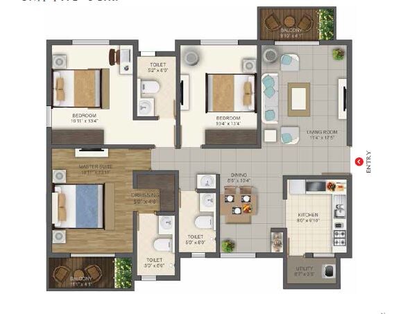 Floor plan of 3 BHK 1570 Sq. Ft. Apartment in Deccan Habitat, Bangalore