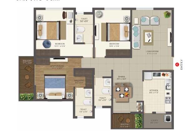Floor plan of 3 BHK 1600 Sq. Ft. Apartment in Deccan Habitat, Bangalore
