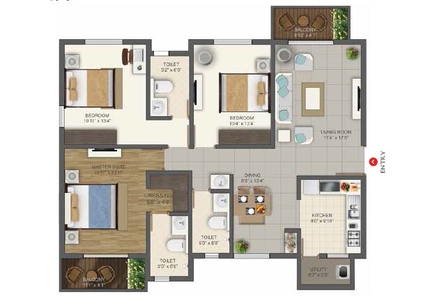 Floor plan of 3 BHK 1625 Sq. Ft. Apartment in Deccan Habitat, Bangalore