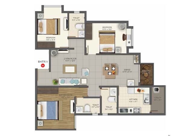 Floor plan of 3 BHK 1650 Sq. Ft. Apartment in Deccan Habitat, Bangalore