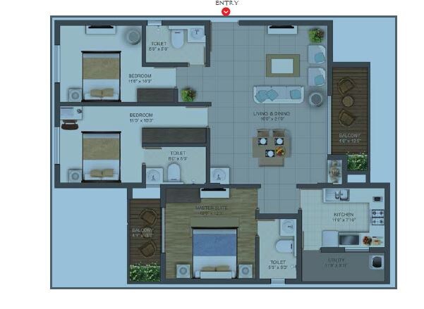 Floor plan of 3 BHK 1680 Sq. Ft. Apartment in Deccan Habitat, Bangalore