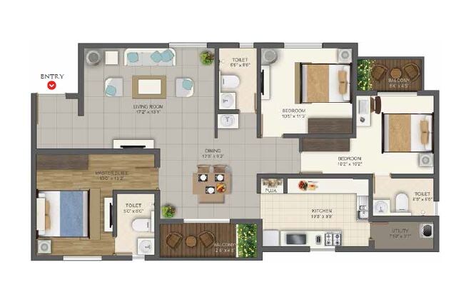 Floor plan of 3 BHK 1795 Sq. Ft. Apartment in Deccan Habitat, Bangalore