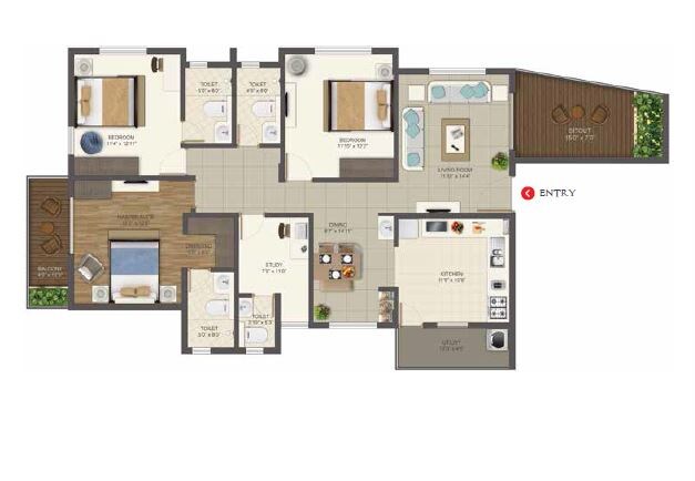 Floor plan of 4 BHK 1950 Sq. Ft. Apartment in Deccan Habitat, Bangalore