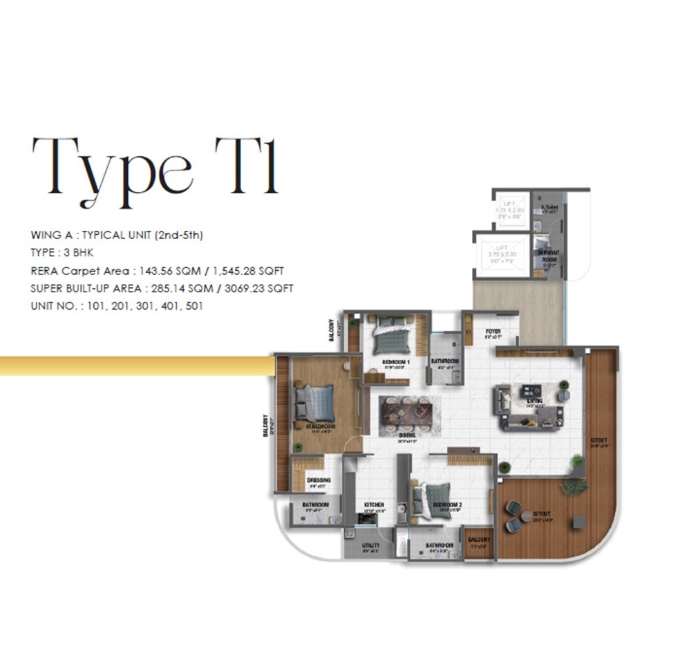 Floor plan of 3 BHK 3069 Sq. Ft. Apartment in Definer Dolce Vita, Bangalore