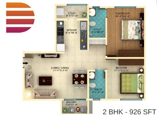 Floor plan of 2 BHK 926 Sq. Ft. Apartment in Definer Hi-life, Bangalore