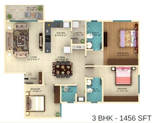Floor plan of 3 BHK 1456 Sq. Ft. Apartment in Definer Hi-life, Bangalore