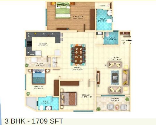 Floor plan of 3 BHK 1709 Sq. Ft. Apartment in Definer Hi-life, Bangalore