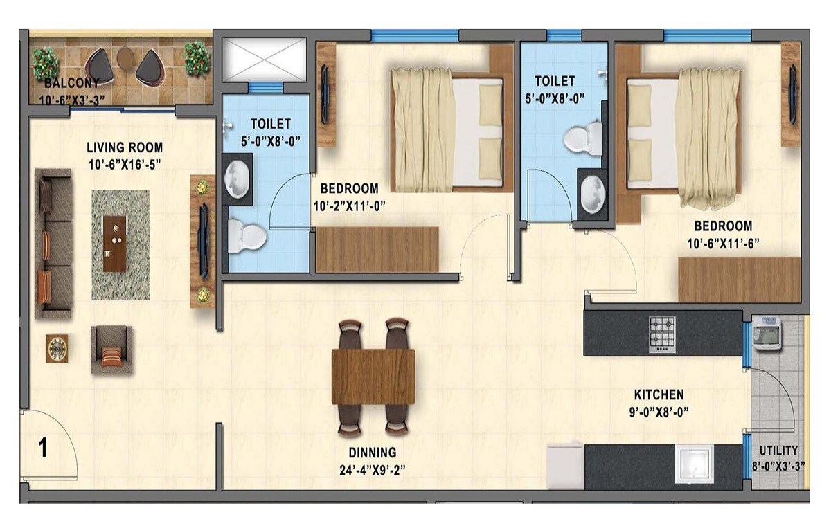 Floor plan of 2 BHK 1039 Sq. Ft. Apartment in Definer Kingdom, Bangalore