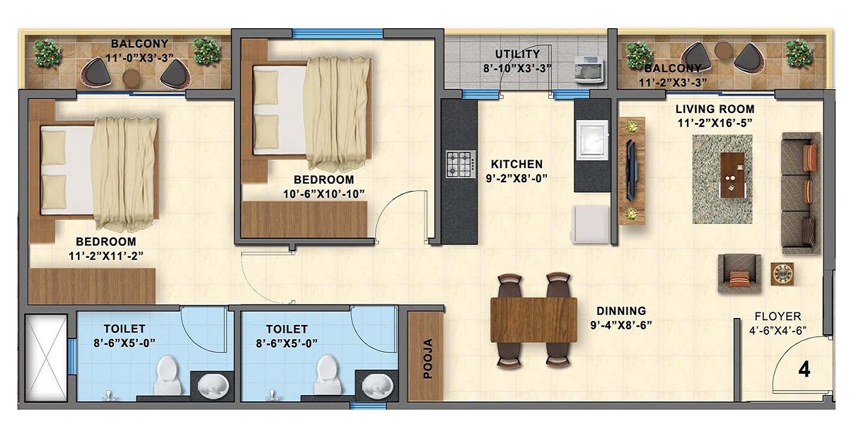 Floor plan of 2 BHK 1072 Sq. Ft. Apartment in Definer Kingdom, Bangalore