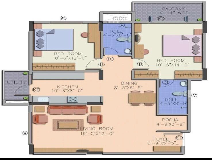 Floor plan of 2 BHK 1177 Sq. Ft. Apartment in Definer Kingdom, Bangalore