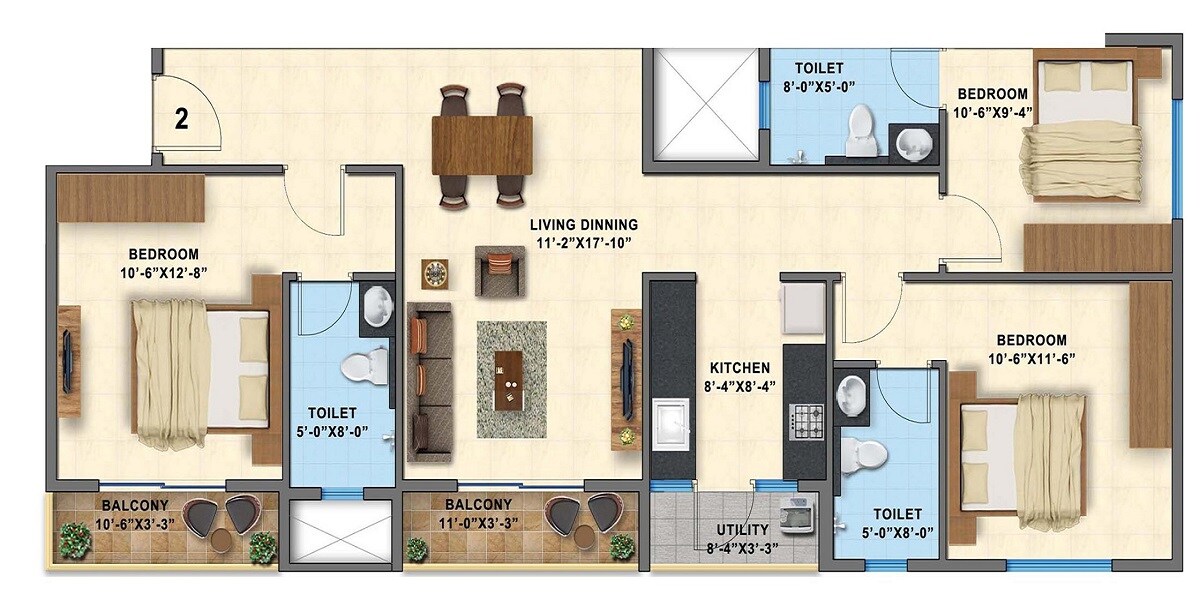 Floor plan of 3 BHK 1356 Sq. Ft. Apartment in Definer Kingdom, Bangalore