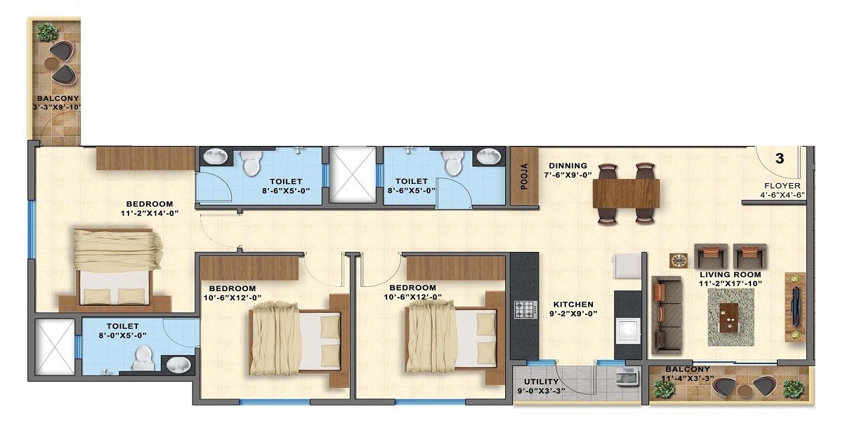 Floor plan of 3 BHK 1427 Sq. Ft. Apartment in Definer Kingdom, Bangalore
