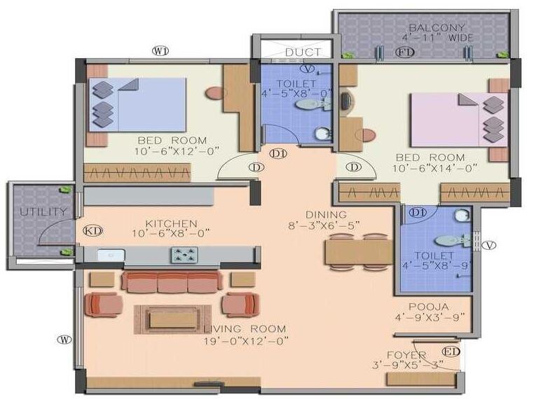 Floor plan of 2 BHK 1039 Sq. Ft. Apartment in Definer Kingdom Phase II, Bangalore