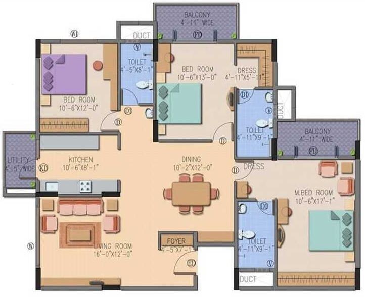 Floor plan of 3 BHK 1356 Sq. Ft. Apartment in Definer Kingdom Phase II, Bangalore