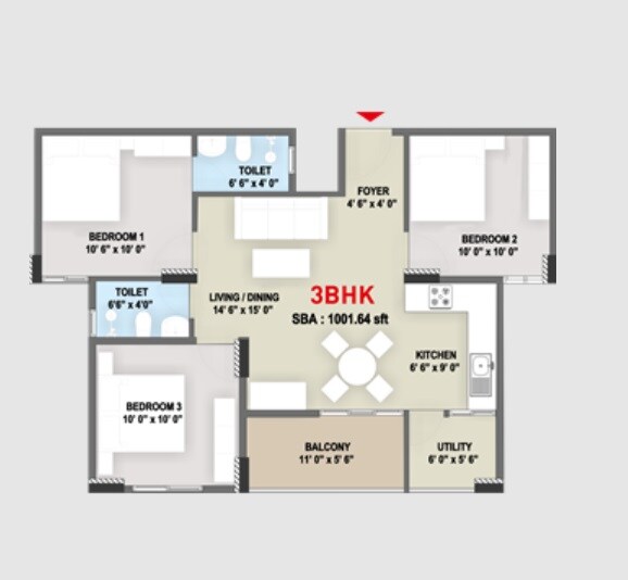 Floor plan of 3 BHK 1001 Sq. Ft. Apartment in Definer Upper Deck, Bangalore