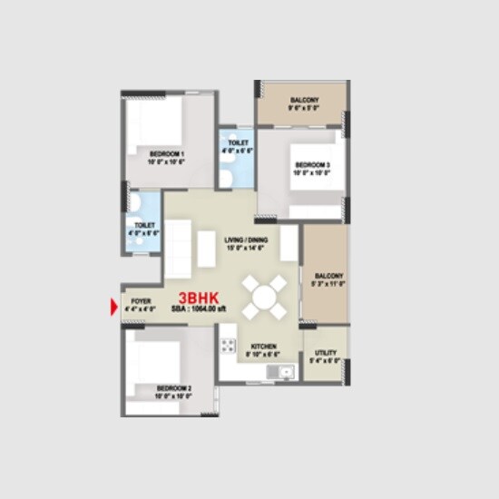 Floor plan of 3 BHK 1064 Sq. Ft. Apartment in Definer Upper Deck, Bangalore