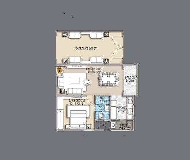 Floor plan of 1 BHK 807 Sq. Ft. Apartment in Desai Empire, Bangalore