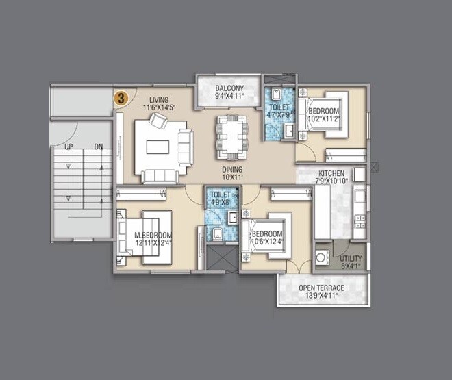 Floor plan of 3 BHK 1580 Sq. Ft. Apartment in Desai Empire, Bangalore