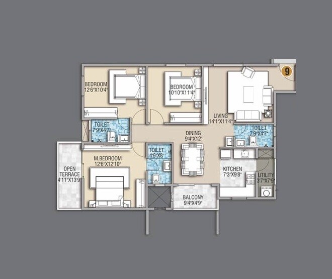 Floor plan of 3 BHK 1443 Sq. Ft. Apartment in Desai Empire, Bangalore