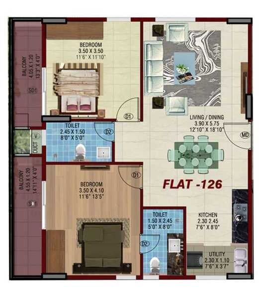 Floor plan of 2 BHK 1069 Sq. Ft. Apartment in Desai Grandeur, Bangalore