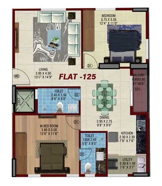 Floor plan of 2 BHK 1204 Sq. Ft. Apartment in Desai Grandeur, Bangalore