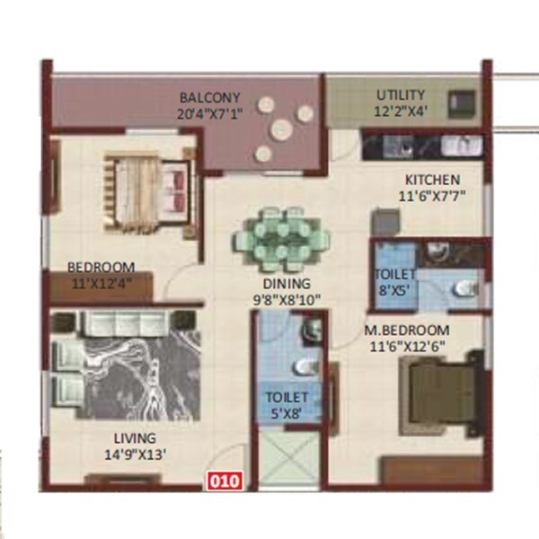 Floor plan of 2 BHK 1228 Sq. Ft. Apartment in Desai Grandeur, Bangalore