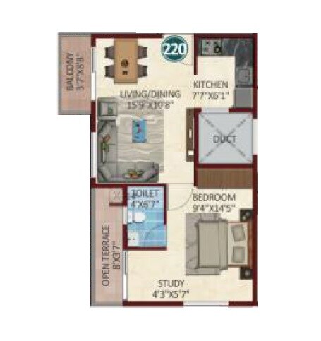 Floor plan of 1 BHK 693 Sq. Ft. Apartment in Desai Green Gardens, Bangalore
