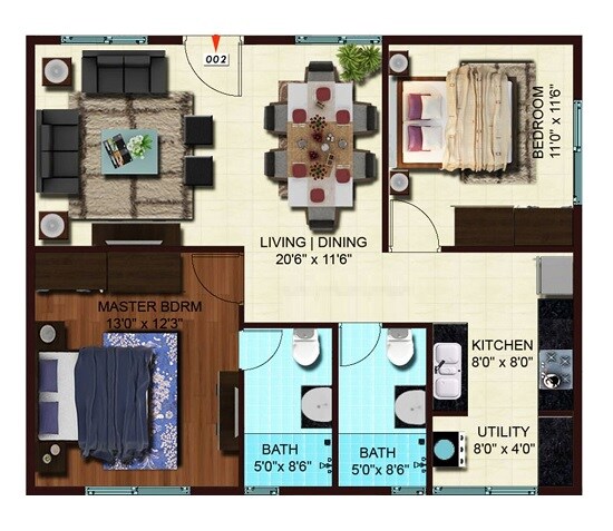 2 BHK 1000 Sq. Ft. Apartment