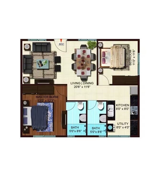 2 BHK 1000 Sq. Ft. Apartment