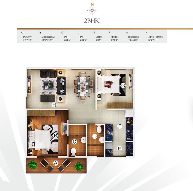 Floor plan of 2 BHK 1175 Sq. Ft. Apartment in Desai Radiant, Bangalore