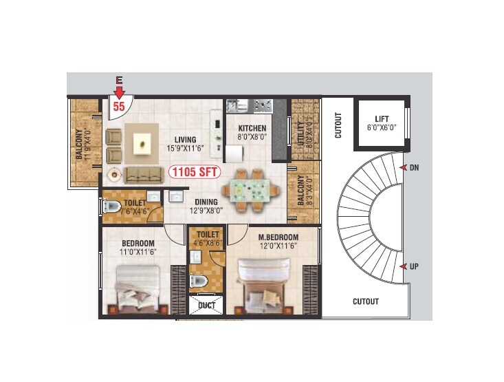 Floor plan of 2 BHK 1105 Sq. Ft. Apartment in Devagiri Opal, Bangalore