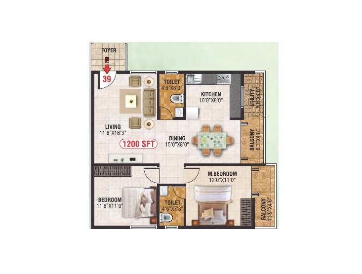 Floor plan of 2 BHK 1200 Sq. Ft. Apartment in Devagiri Opal, Bangalore