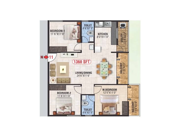 Floor plan of 3 BHK 1360 Sq. Ft. Apartment in Devagiri Opal, Bangalore