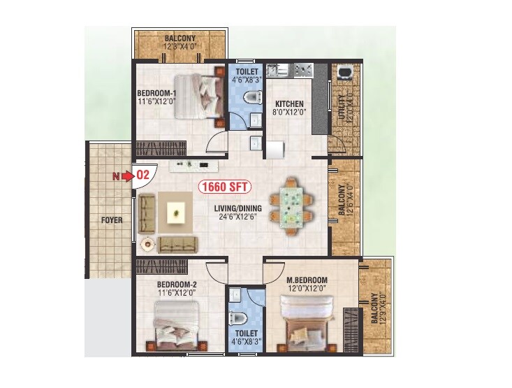 Floor plan of 3 BHK 1660 Sq. Ft. Apartment in Devagiri Opal, Bangalore