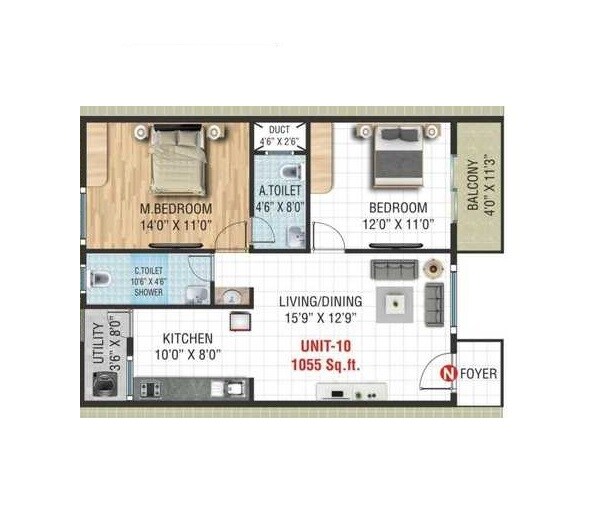 Floor plan of 2 BHK 1055 Sq. Ft. Apartment in Devi SGS Divine Aspire, Bangalore