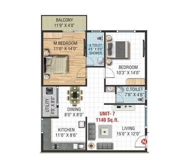 Floor plan of 2 BHK 1140 Sq. Ft. Apartment in Devi SGS Divine Aspire, Bangalore