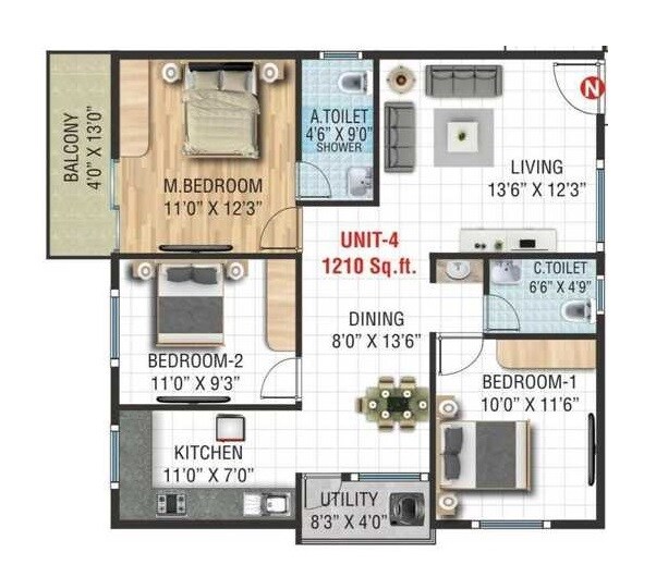 Floor plan of 3 BHK 1210 Sq. Ft. Apartment in Devi SGS Divine Aspire, Bangalore