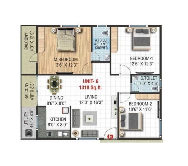 Floor plan of 3 BHK 1310 Sq. Ft. Apartment in Devi SGS Divine Aspire, Bangalore