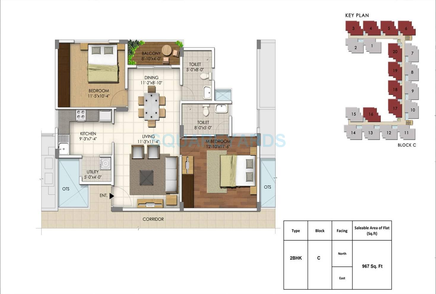 Floor plan of 2 BHK 967 Sq. Ft. Apartment in Dhammanagi Lilium Gardenia, Bangalore