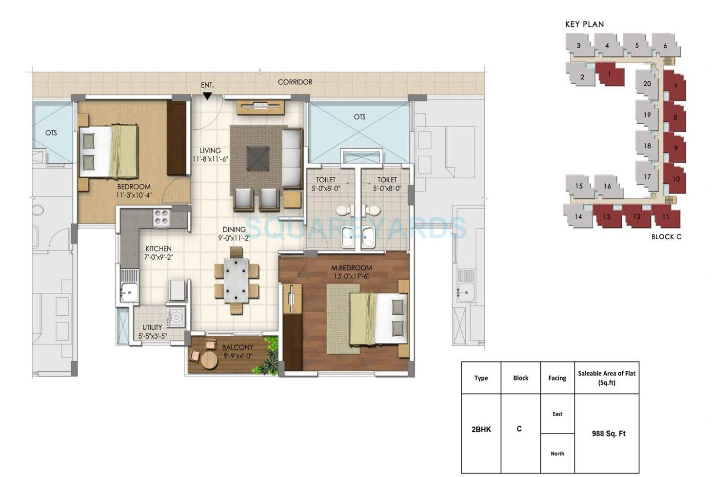 Floor plan of 2 BHK 988 Sq. Ft. Apartment in Dhammanagi Lilium Gardenia, Bangalore
