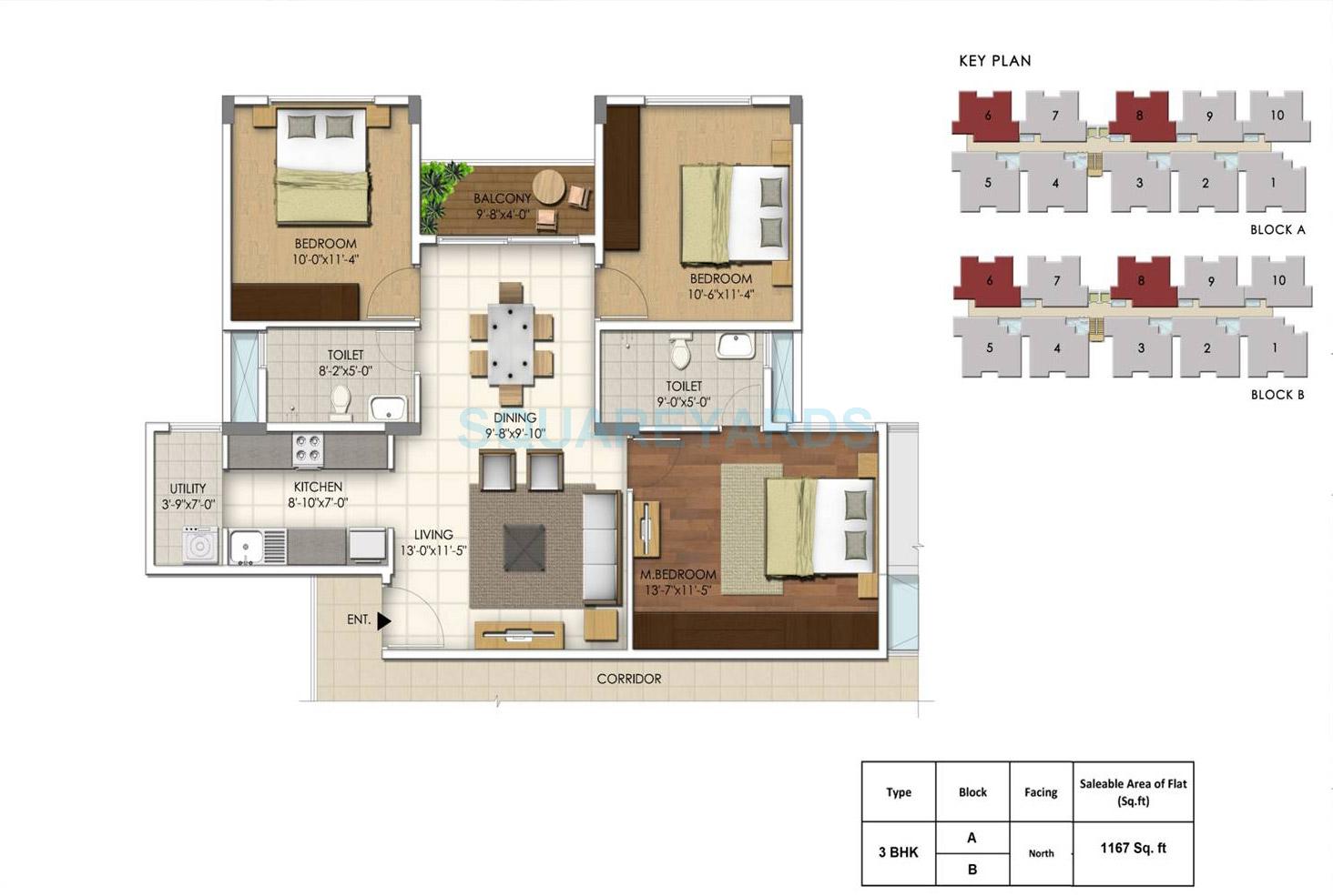 Floor plan of 3 BHK 1167 Sq. Ft. Apartment in Dhammanagi Lilium Gardenia, Bangalore