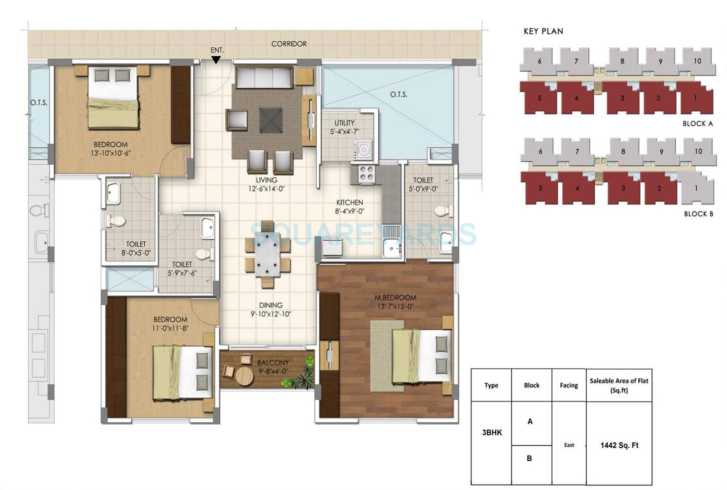 Floor plan of 3 BHK 1442 Sq. Ft. Apartment in Dhammanagi Lilium Gardenia, Bangalore