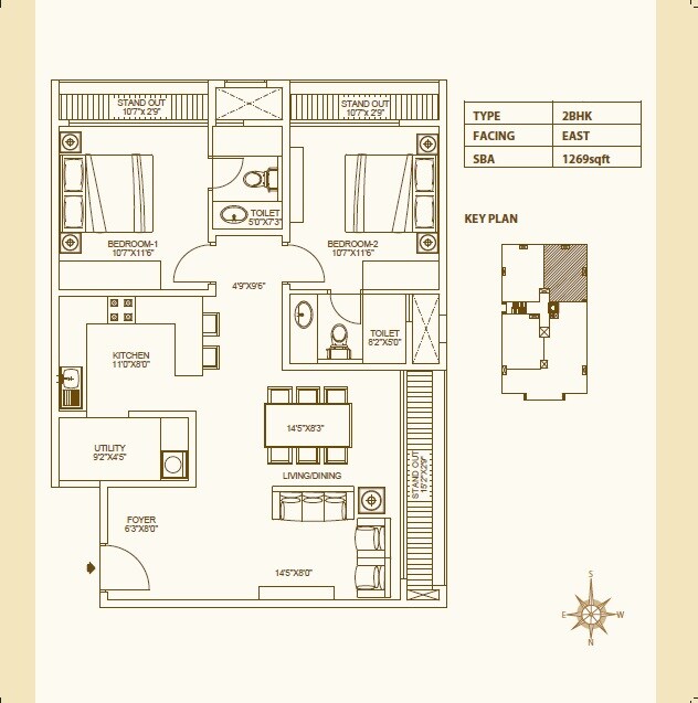 Floor plan of 2 BHK 1269 Sq. Ft. Apartment in Dhammanagi Terrace Gardens, Bangalore