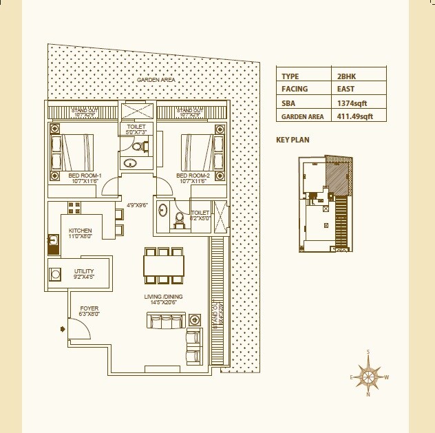 Floor plan of 2 BHK 1374 Sq. Ft. Apartment in Dhammanagi Terrace Gardens, Bangalore