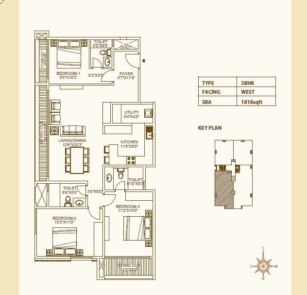 Floor plan of 3 BHK 1818 Sq. Ft. Apartment in Dhammanagi Terrace Gardens, Bangalore