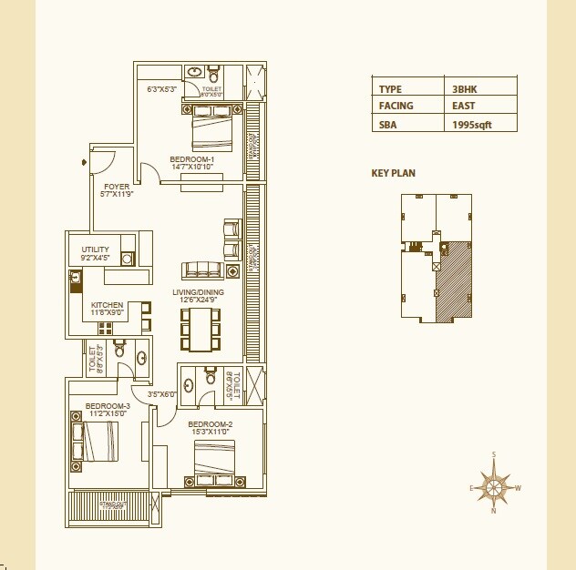 Floor plan of 3 BHK 1995 Sq. Ft. Apartment in Dhammanagi Terrace Gardens, Bangalore